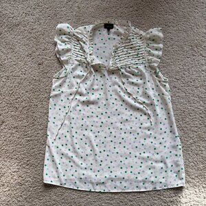 Talbots sleeveless blouse - white w/green and blue polka dots. Ruffles! Size M